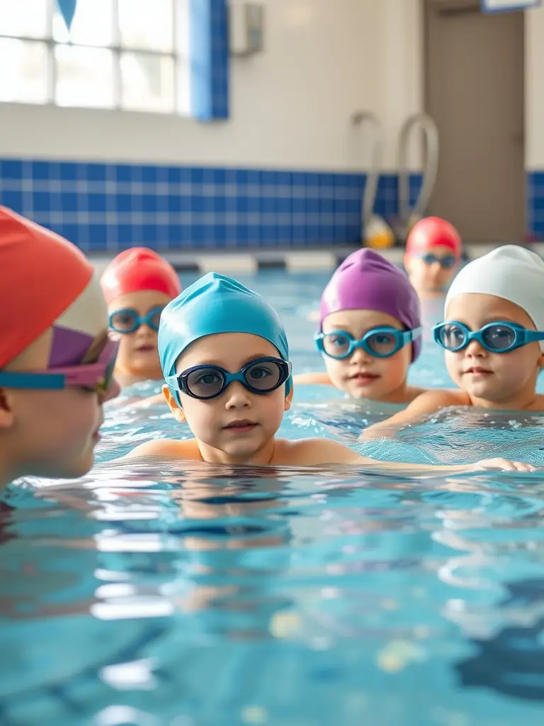 A group of children participating in a swimming lesson at PISCINE INTERCOMMUNALE VALLEE DE L'OZE, focusing on proper technique and safety under the guidance of a certified instructor.