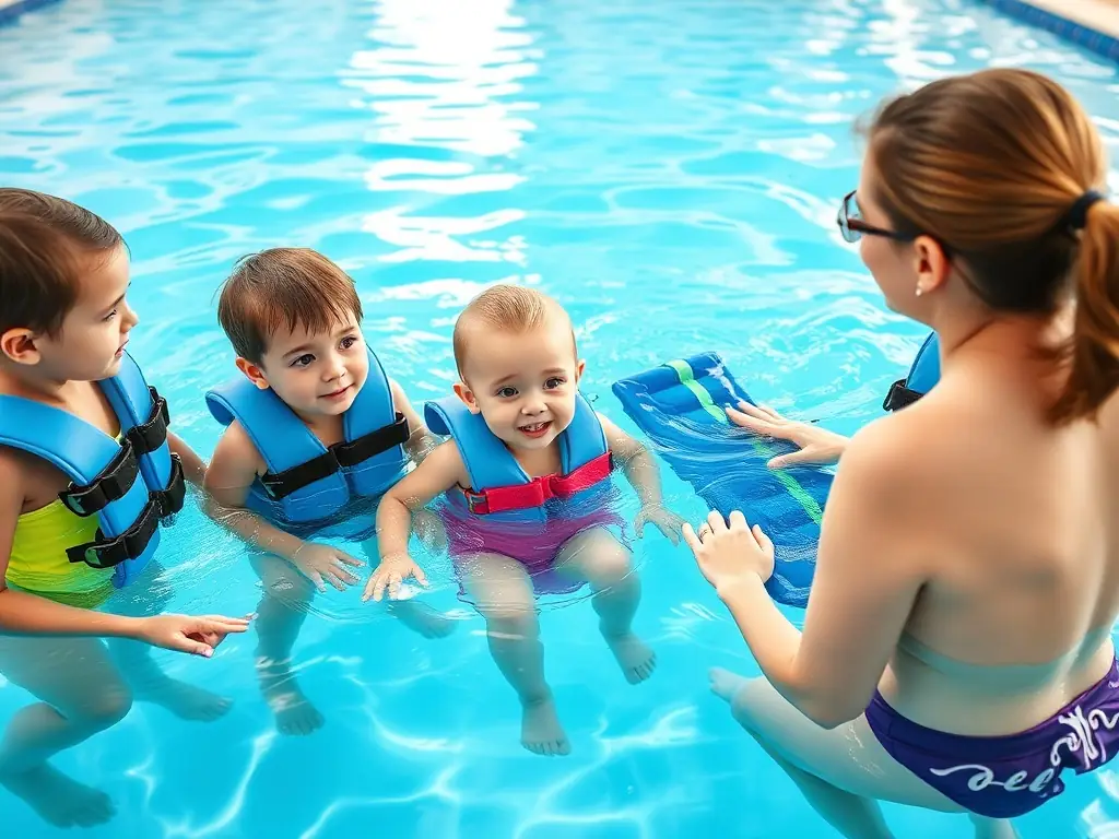 A photograph of children learning to swim in a safe and supportive environment, emphasizing the importance of water safety skills.