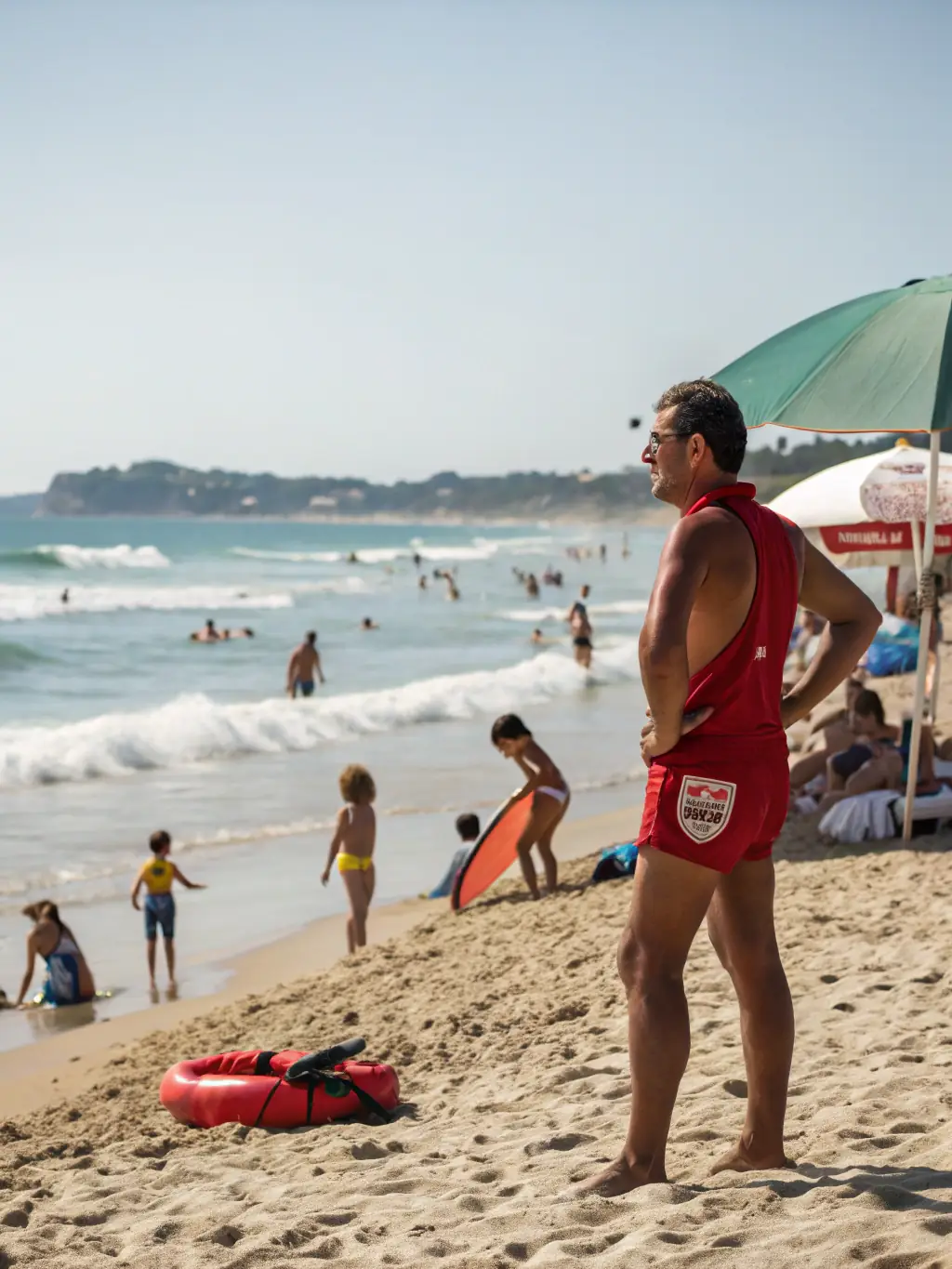 A lifeguard supervising a group of children during a water safety workshop at PISCINE INTERCOMMUNALE VALLEE DE L'OZE, emphasizing the importance of water safety skills.