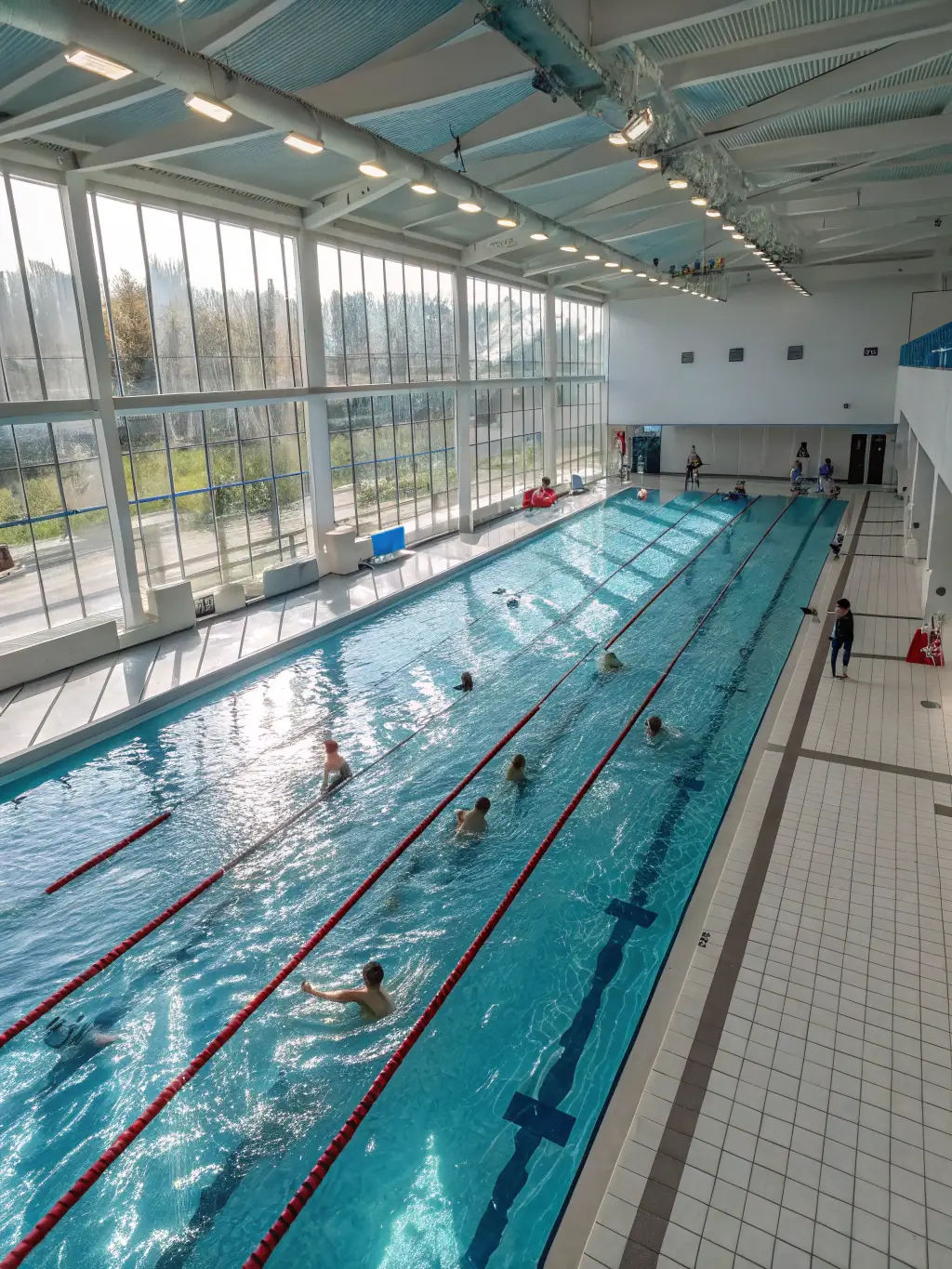 A diverse group of people enjoying a recreational swimming session at PISCINE INTERCOMMUNALE VALLEE DE L'OZE, showcasing the pool's accessibility and appeal to all community members.