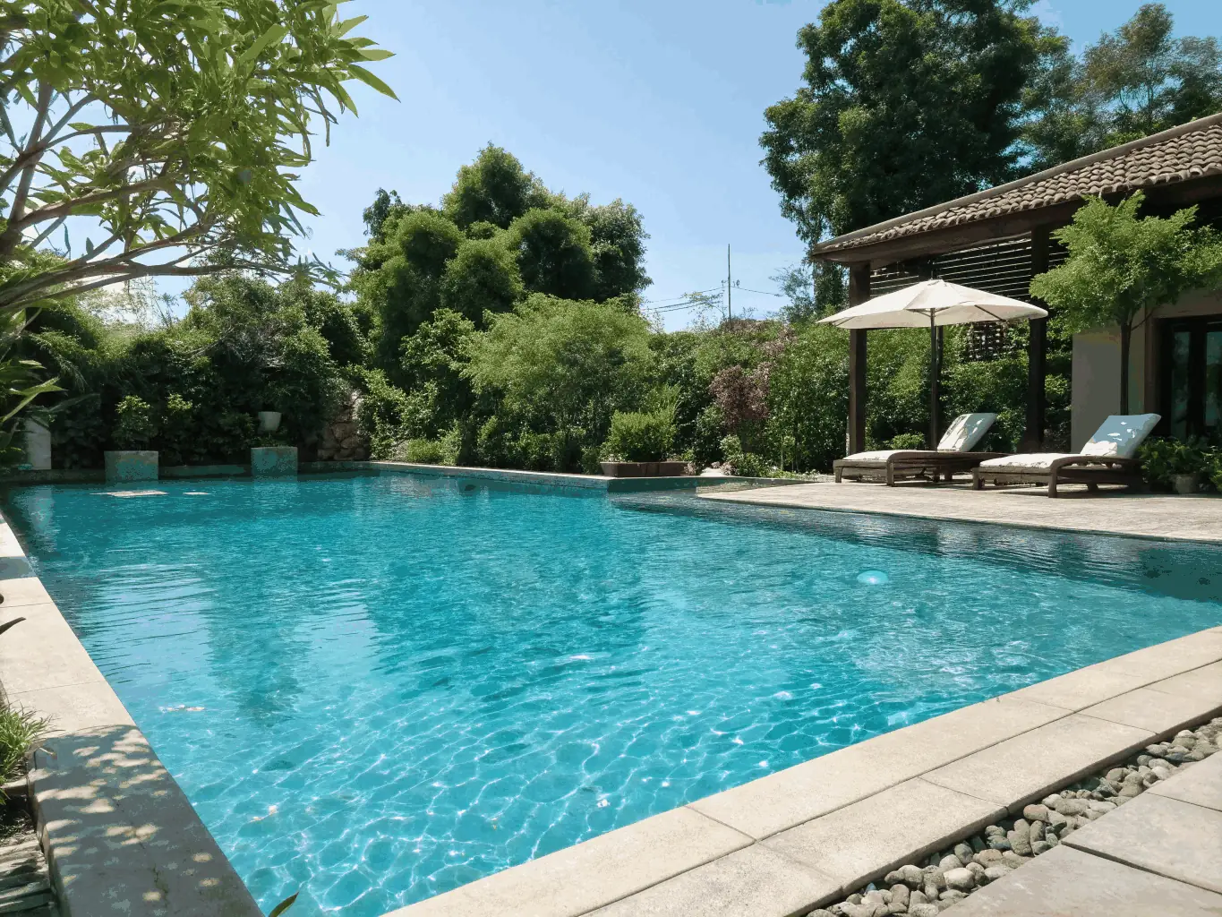 A serene image of the pool area, highlighting the clean and well-maintained facilities available for recreational swimming and relaxation.