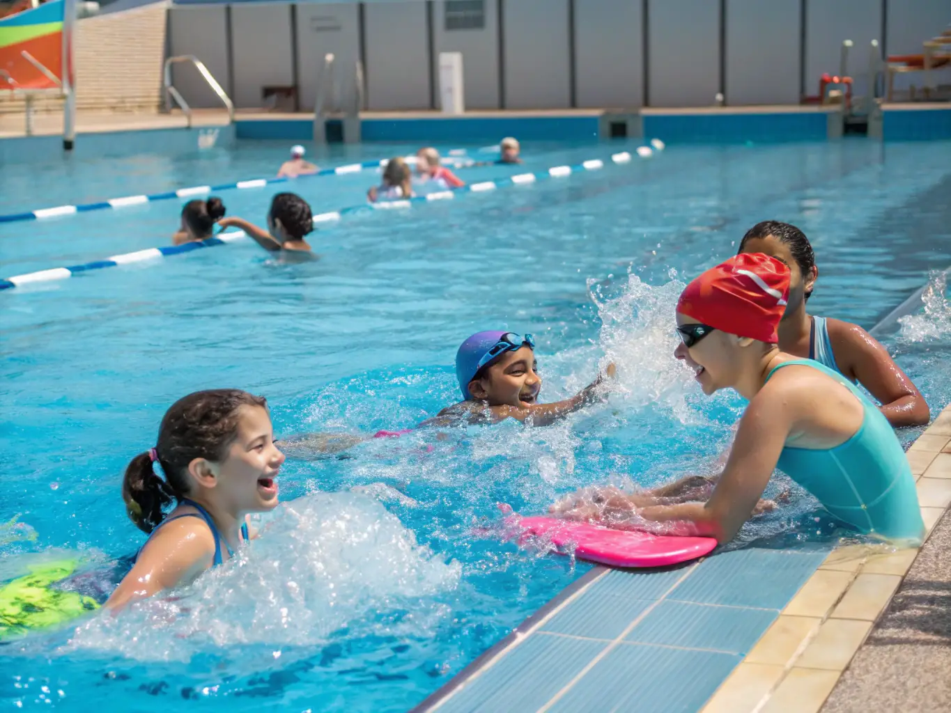 A vibrant image of community members enjoying swimming classes in the pool, with children and adults engaging in water activities.