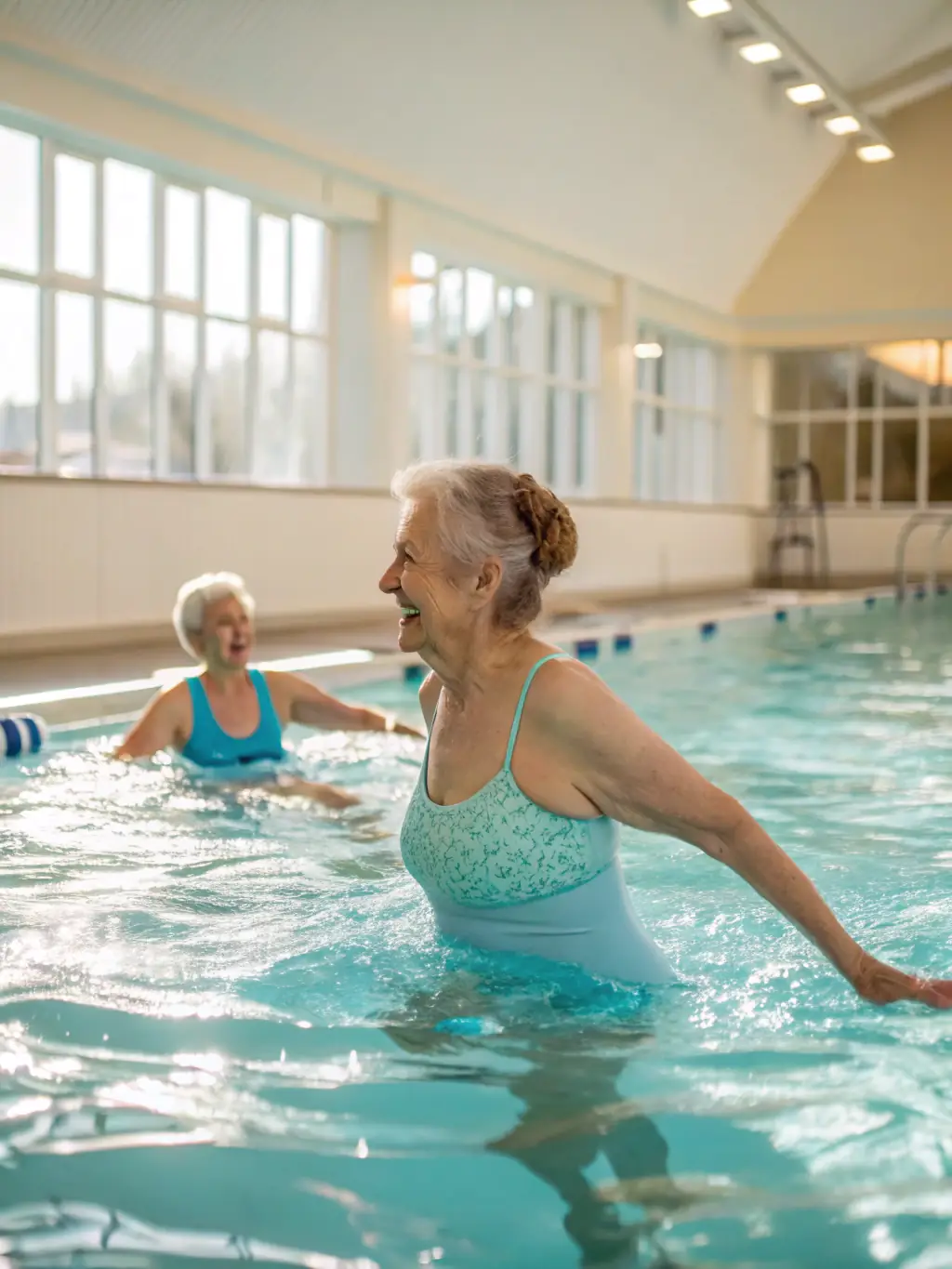 A diverse group of adults participating in a water aerobics class at PISCINE INTERCOMMUNALE VALLEE DE L'OZE, led by an energetic instructor, promoting fitness and well-being.