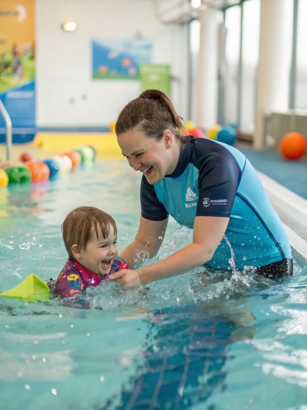 A group of children participating in a swimming lesson at PISCINE INTERCOMMUNALE VALLEE DE L'OZE, focusing on proper technique and safety under the guidance of a certified instructor.